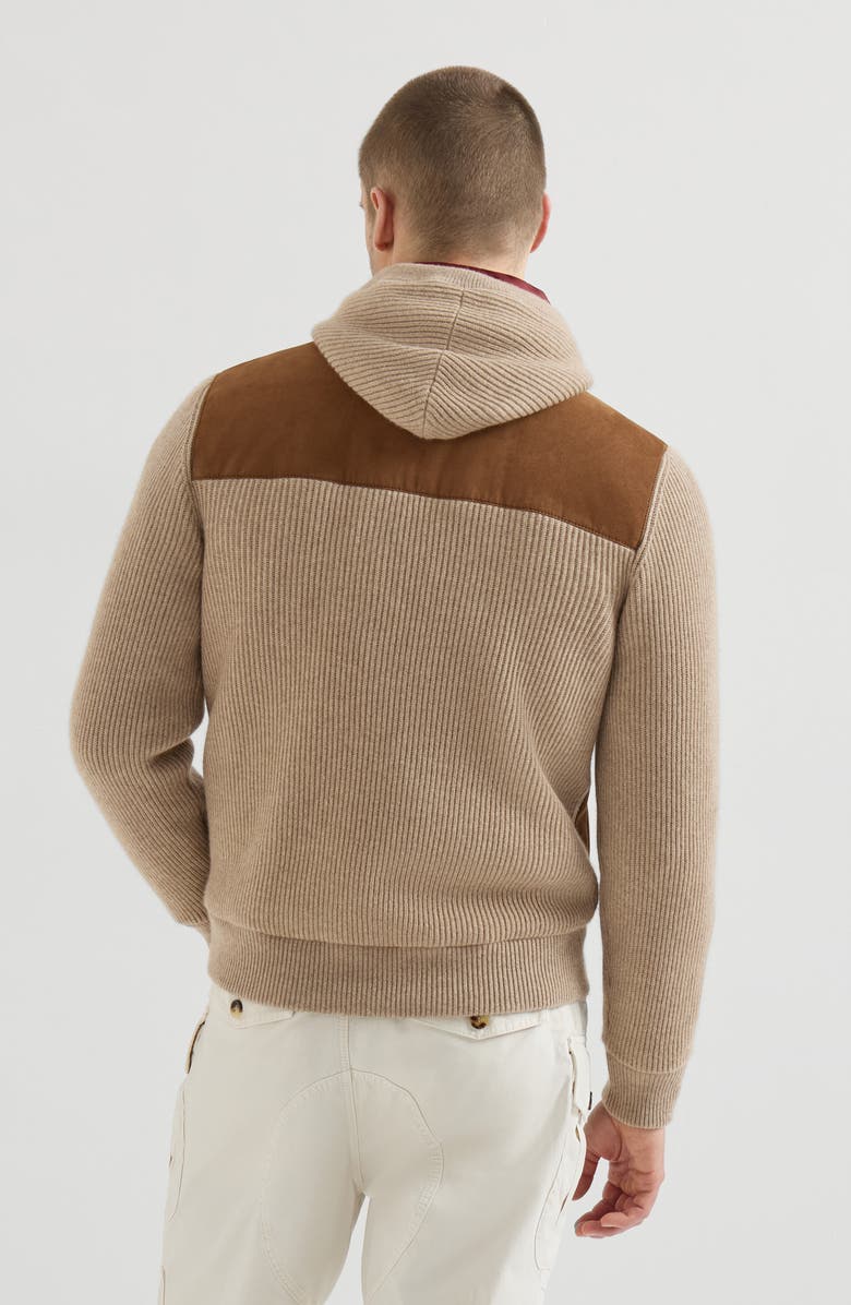 Brunello Cucinelli Suede and cashmere knit hooded bomber jacket with Thermore<sup>®</sup> padding, Alternate, color, Brown