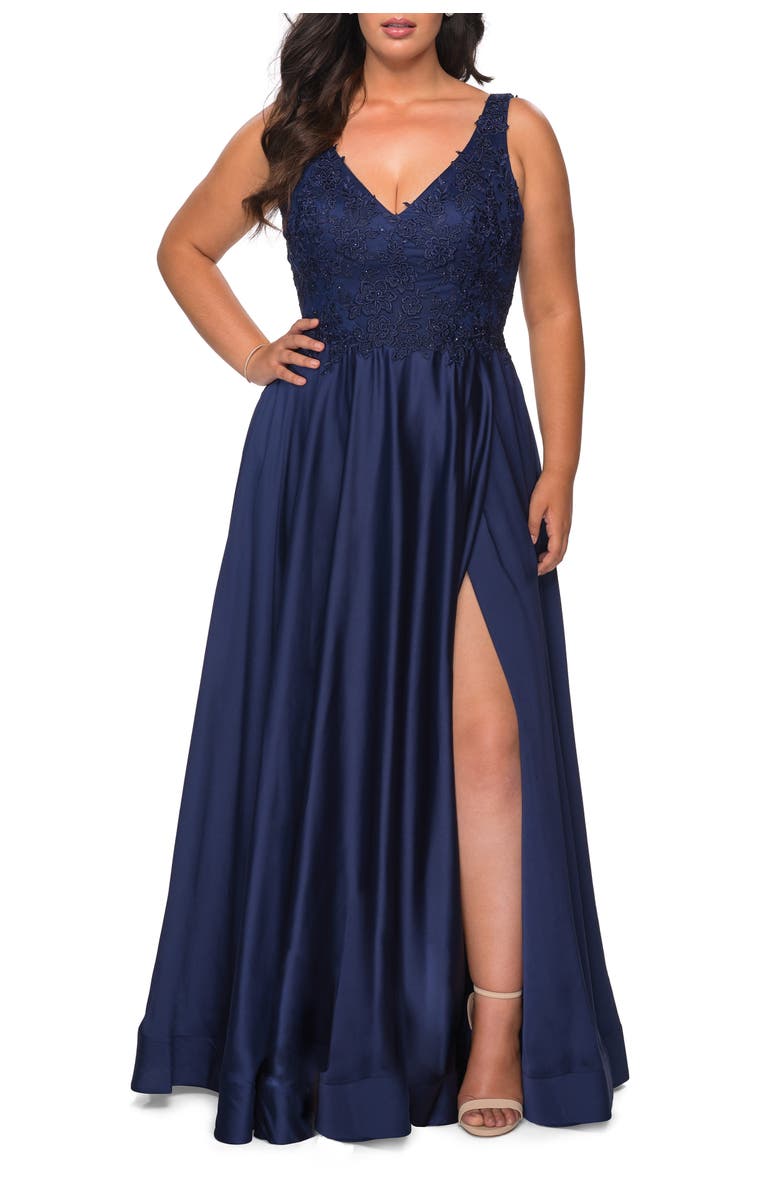 La Femme A-line Plus Size Dress with Rhinestone Lace Bodice, Main, color, Navy