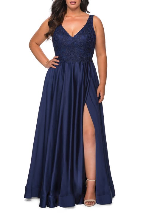 A-line Plus Size Dress with Rhinestone Lace Bodice