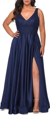 La Femme A-line Plus Size Dress with Rhinestone Lace Bodice