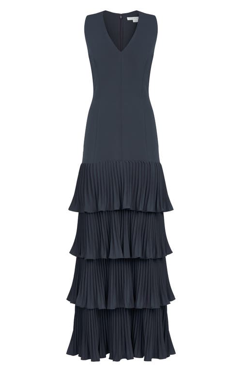 Kay Unger Angelique Pleated Tiered Sleeveless Gown In French Navy