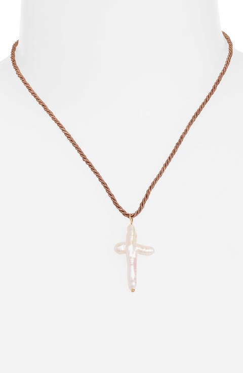 Florenzia Freshwater Pearl Cross Pendant Necklace