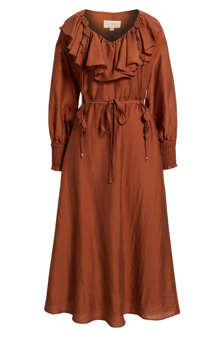 Kiyelle Ruffle Long Sleeve Dress, Alternate, color, MOCHA
