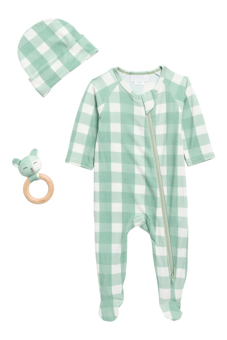 Gingham Footie, Hat & Teether Set, Main, color, LAUREL GREEN