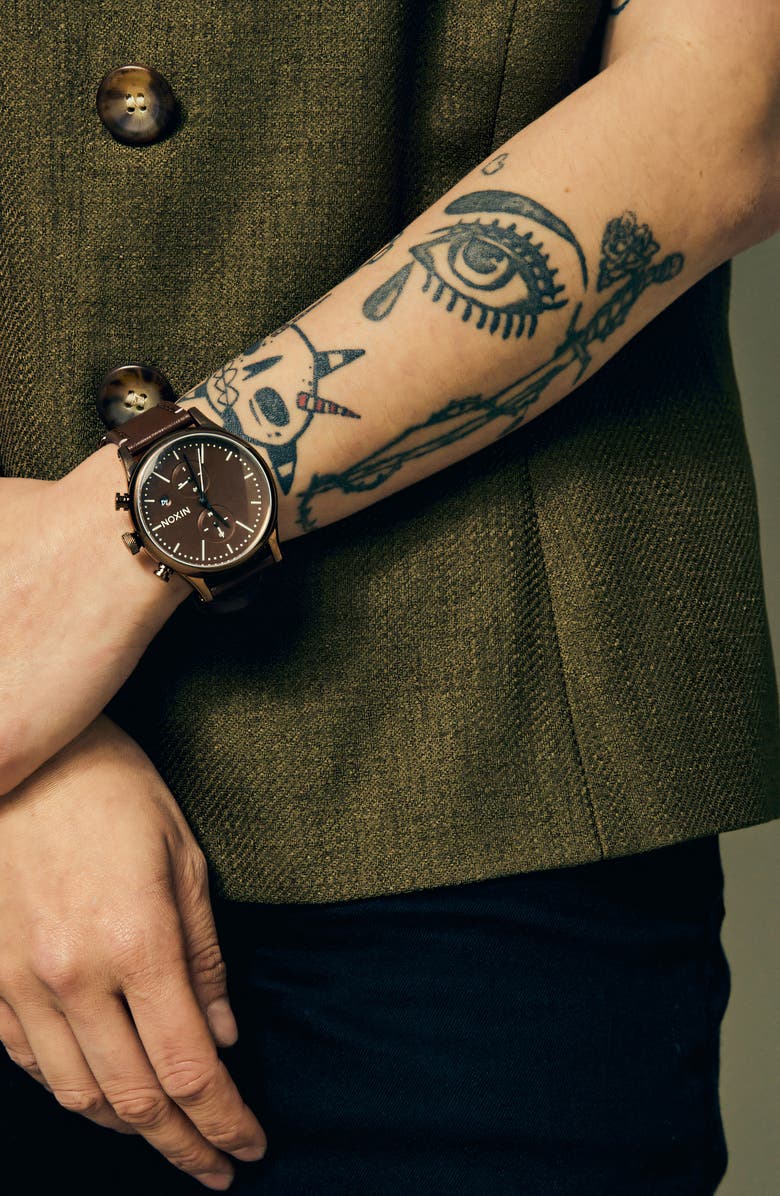 Nixon Station Chronograph Leather Strap Watch, 41mm, Alternate, color, 