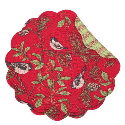 Christmas Chickadee Red Round Reversible Placemats, Set of 6, 17"