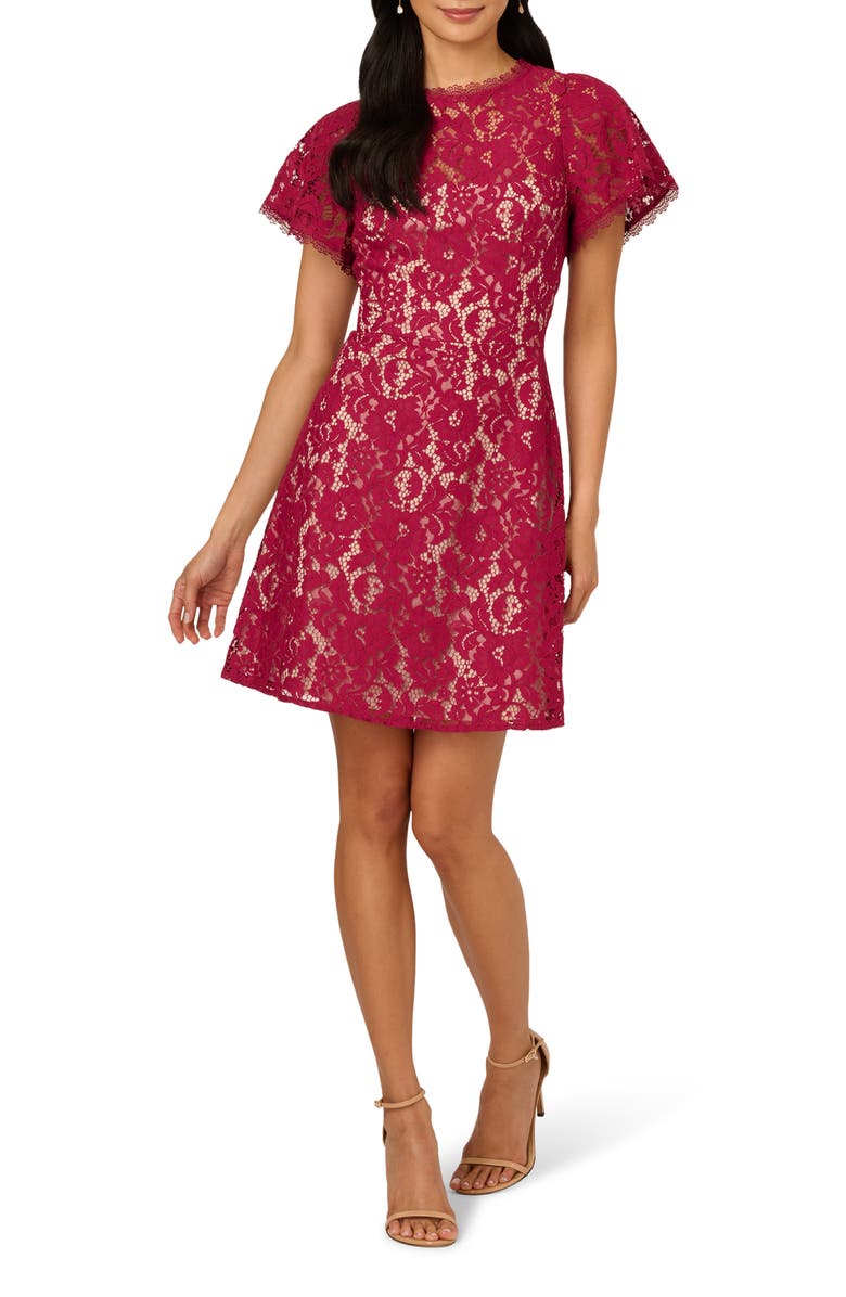 Adrianna Papell Flutter Sleeve Lace Dress, Main, color, Light Wine