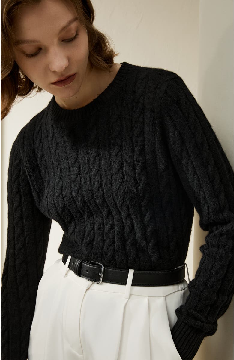 Lilysilk Classic Cable Knit Sweater with Ribbed Edges, Alternate, color, Black
