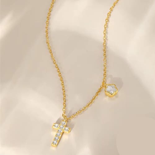 Hollywood Sensation Cross Necklace With Sparkling Cz And Floral Charm In Gold