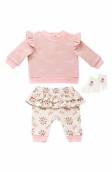 Cozy Bow Textured Fleece Sweatshirt, Floral Ruffled Pants & Socks Set