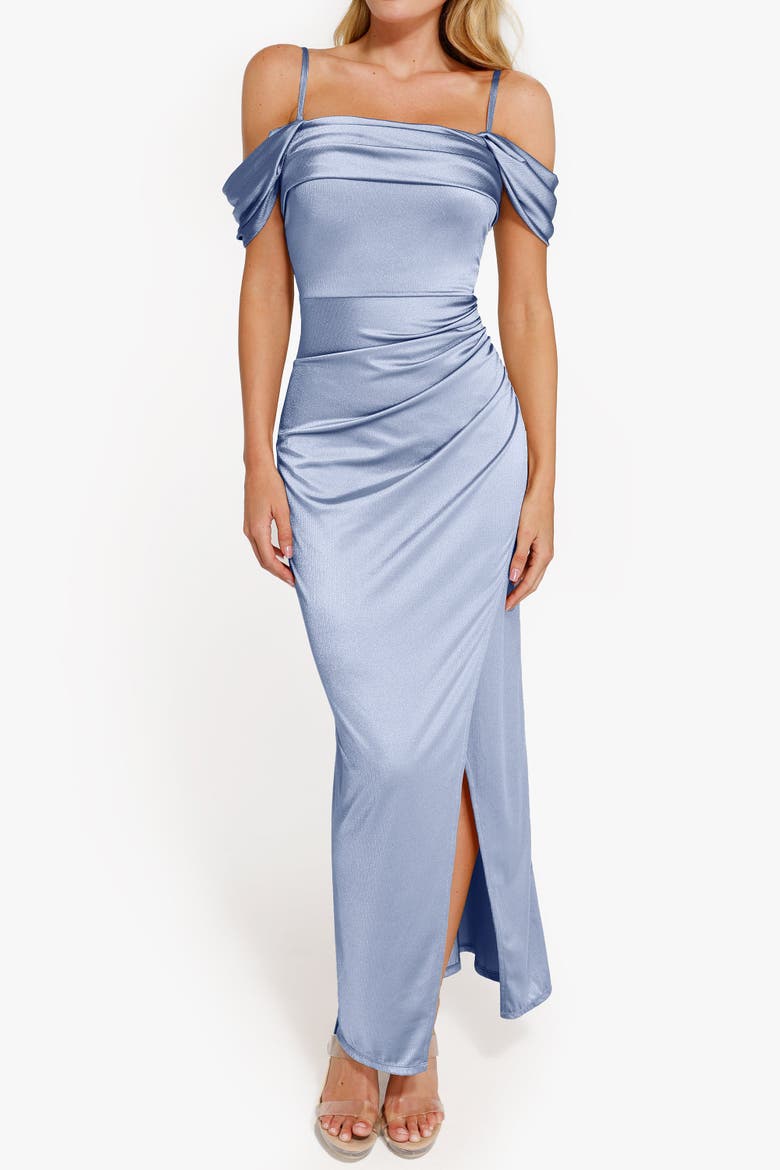 Liquid Metallic Fabric Off Shoulder Shine Ruched Sculpting Maxi Shapewear Dress, Alternate, color, Powder Blue