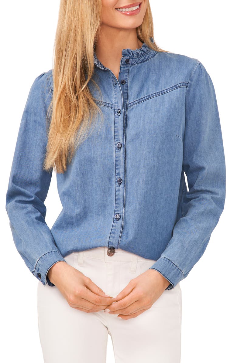 CeCe Ruffle Denim Button-Up Top, Main, color, 