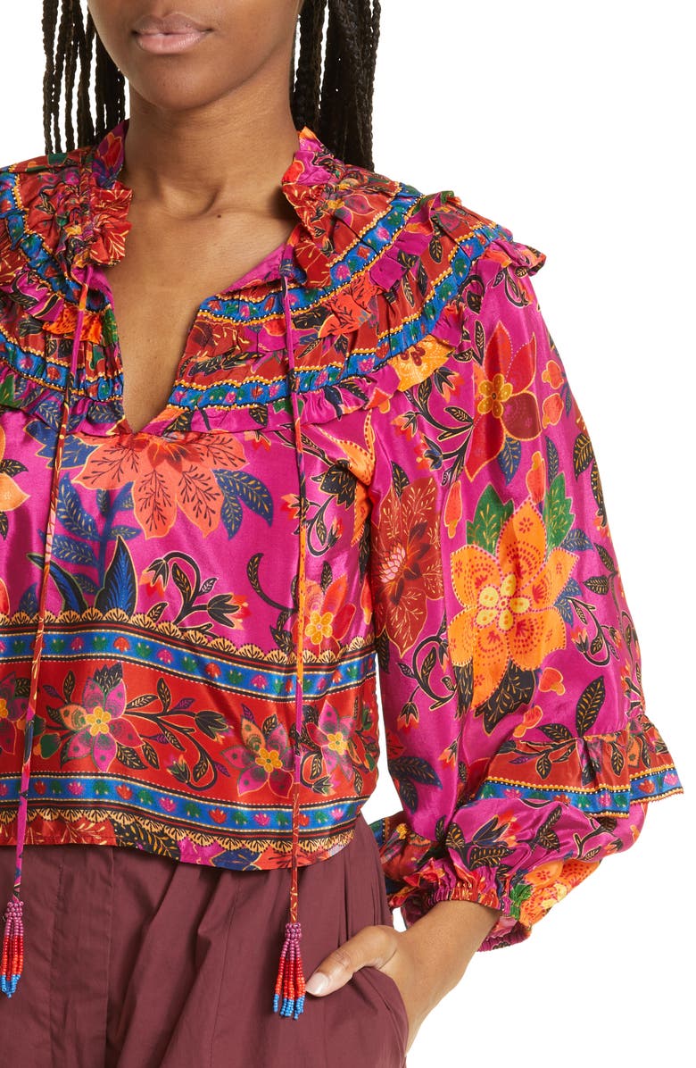 FARM Rio Tropical Tapestry Long Sleeve Ruffle Top, Alternate, color, 