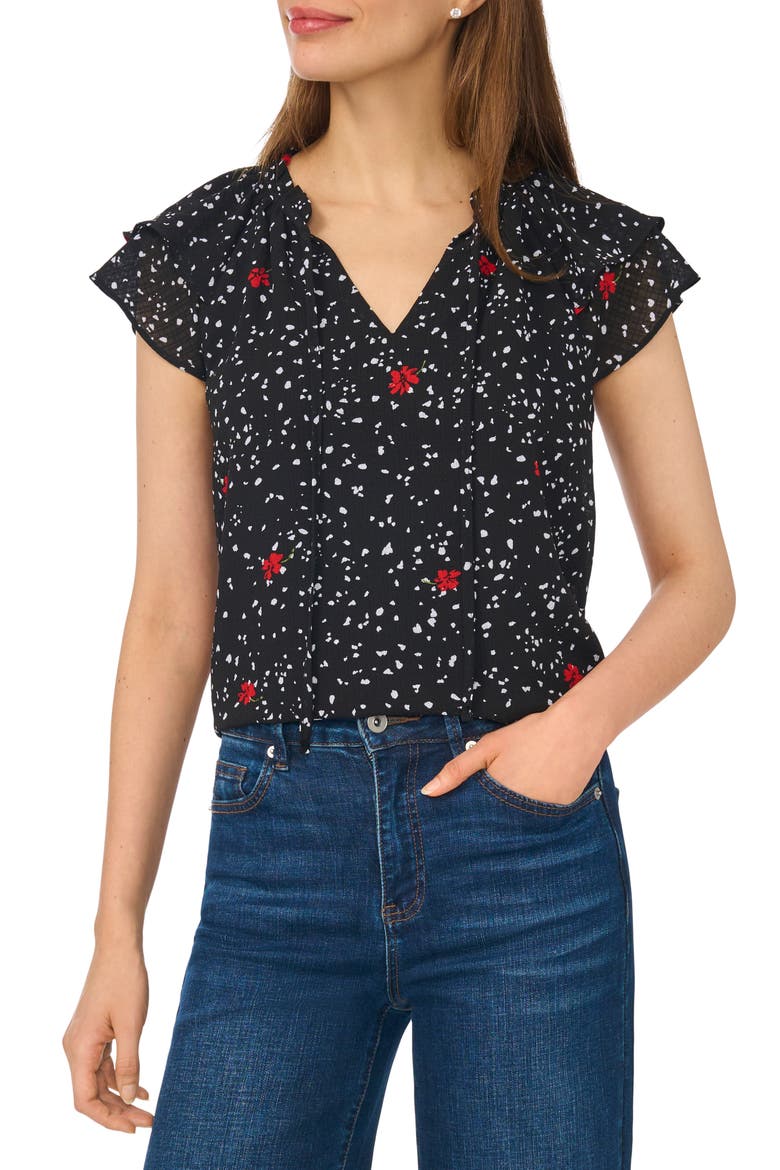Floral Dot Flutter Sleeve Split Neck Top, Main, color, RICH BLACK