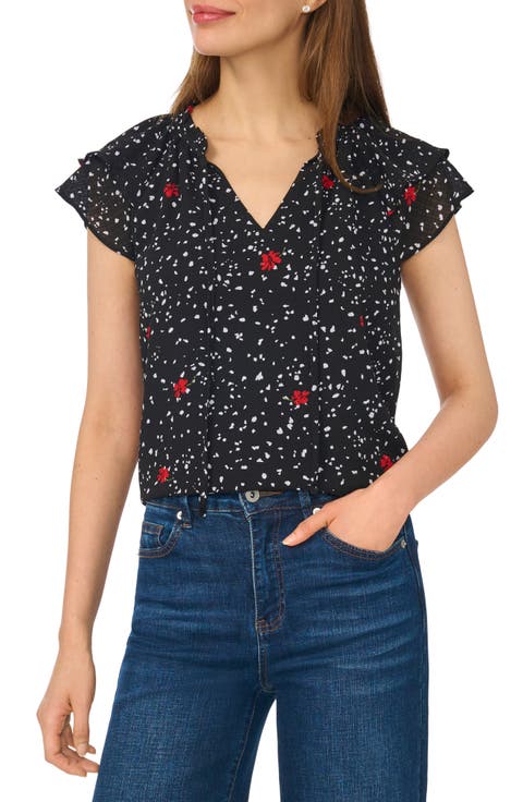 Floral Dot Flutter Sleeve Split Neck Top