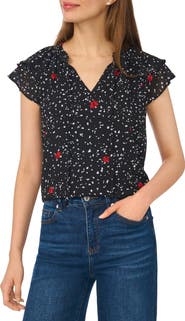 CeCe Floral Dot Flutter Sleeve Split Neck Top
