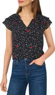 CeCe Floral Dot Flutter Sleeve Split Neck Top