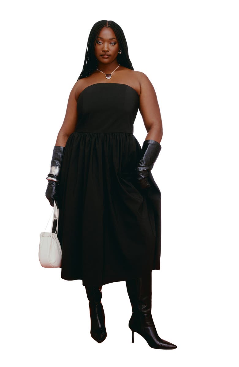 ELOQUII Strapless Flare Midi Dress, Main, color, Black Onyx