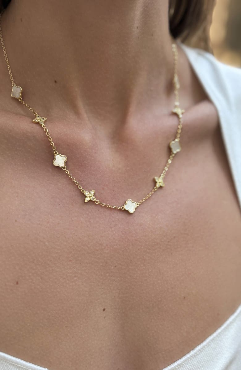 Adornia Mixed Mother-of-Pearl & Cubic Zirconia Clover Station Necklace, Alternate, color, White