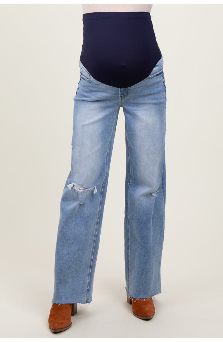 PinkBlush Distressed Open Knee Wide Leg Maternity Jeans, Alternate, color, Light Blue