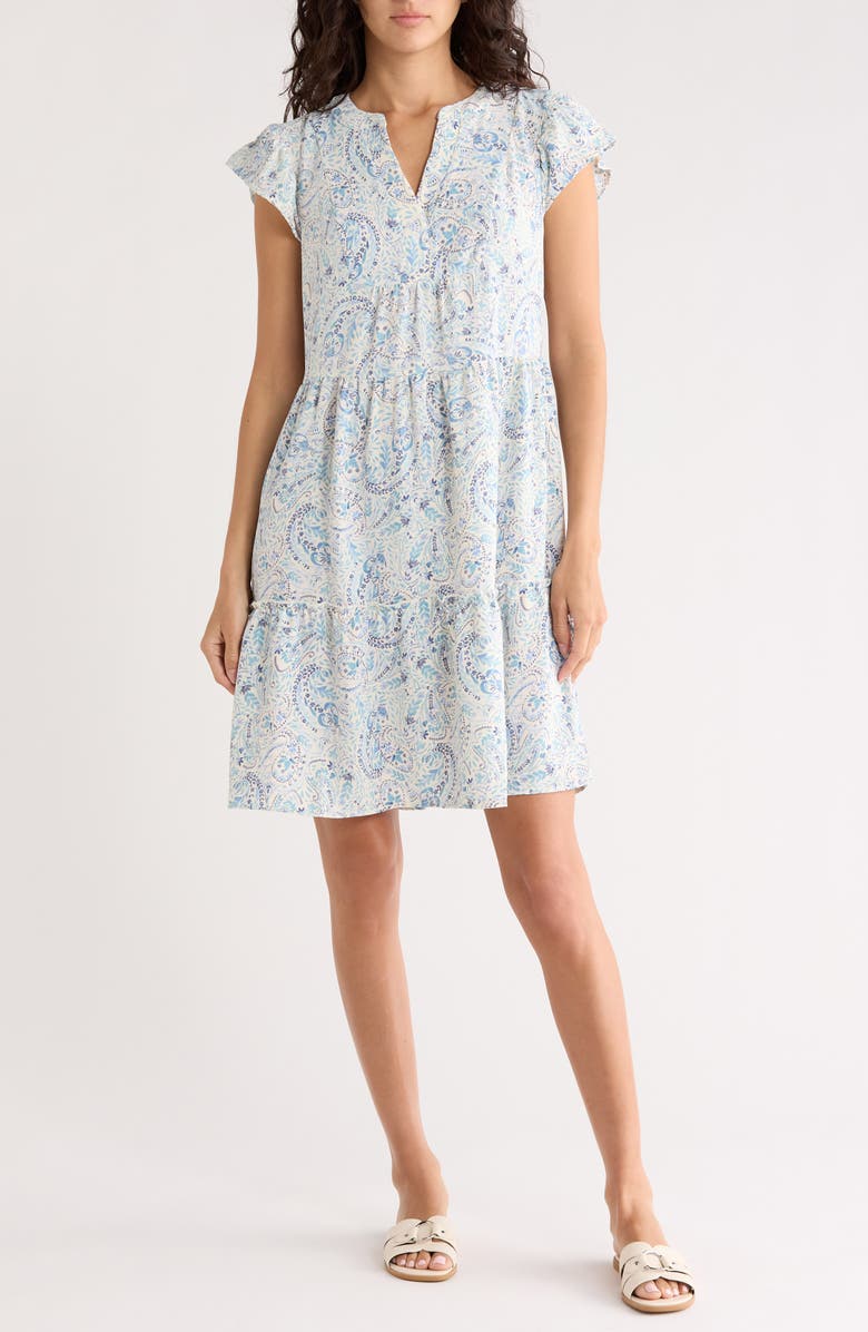 Lucky Brand Flutter Sleeve Tiered Minidress, Main, color, Cream Paisely