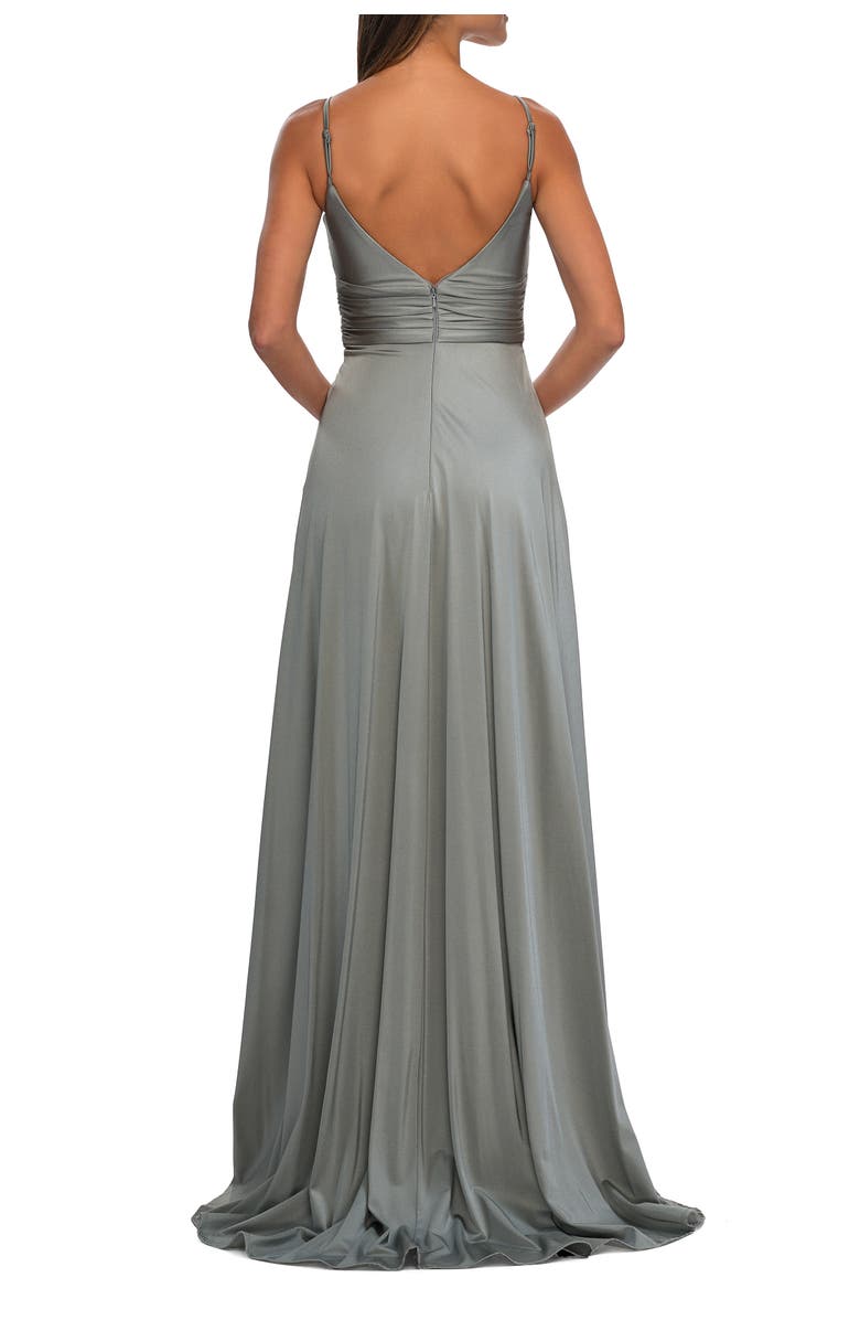 La Femme Versatile Long Jersey Gown with V and Slit, Alternate, color, Silver