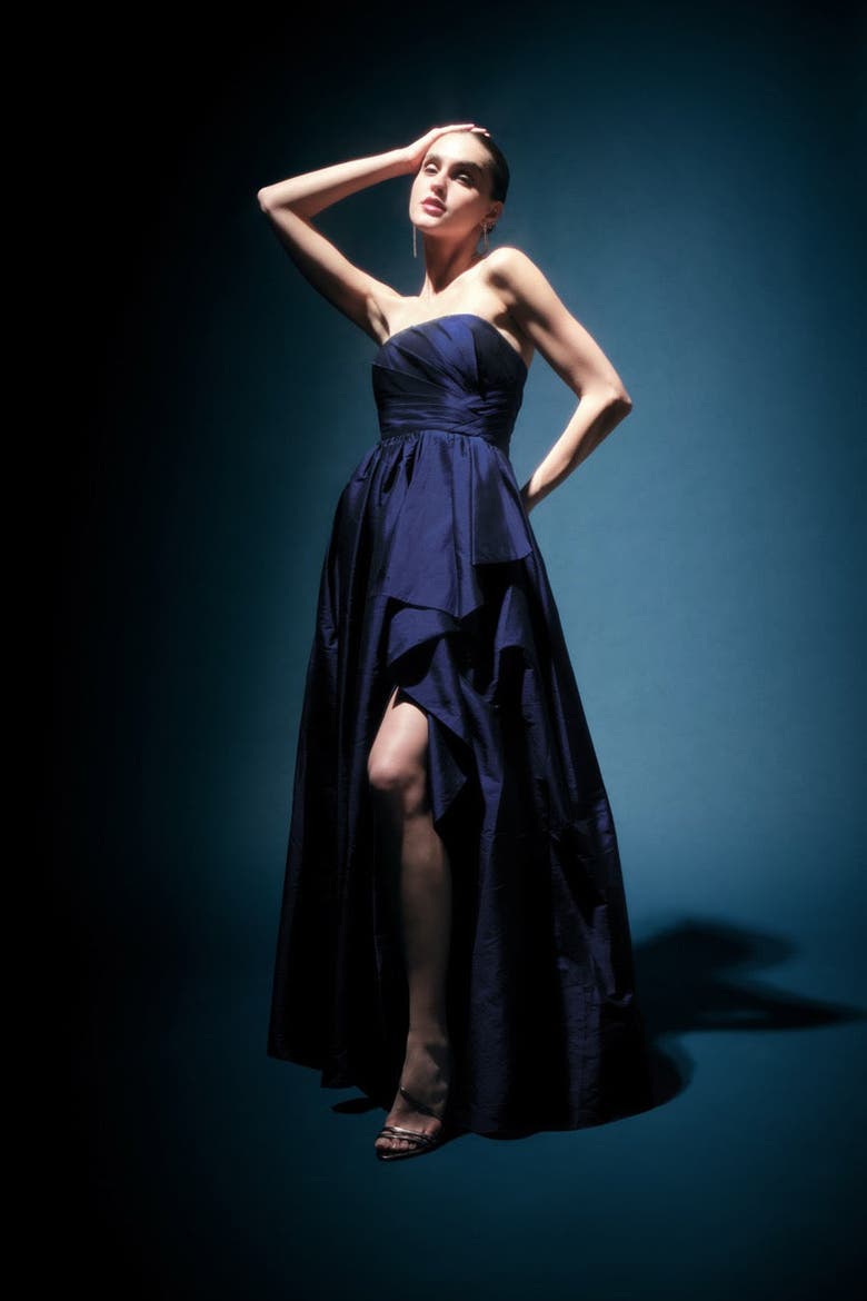 Esmerina Taffeta Asymmetric Neck Gown, Alternate, color, Navy