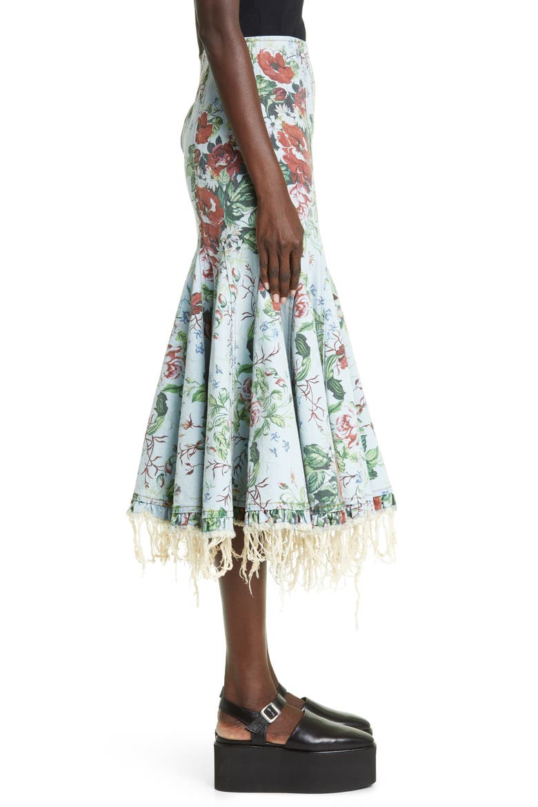 Floral Print Raw Hem Denim Midi Skirt, Alternate, color, BLUE WASH