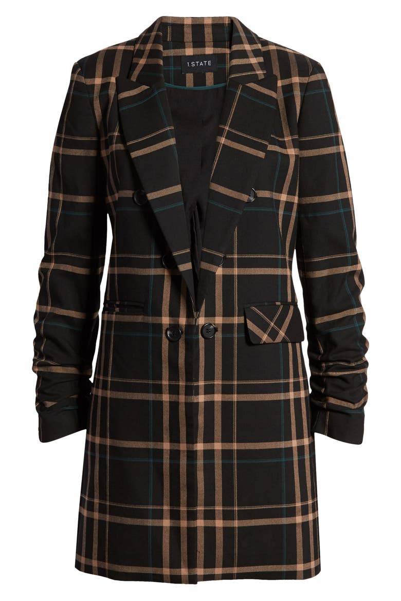 Dynamite Plaid Ruched Sleeve Blazer, Alternate, color, RICH BLACK