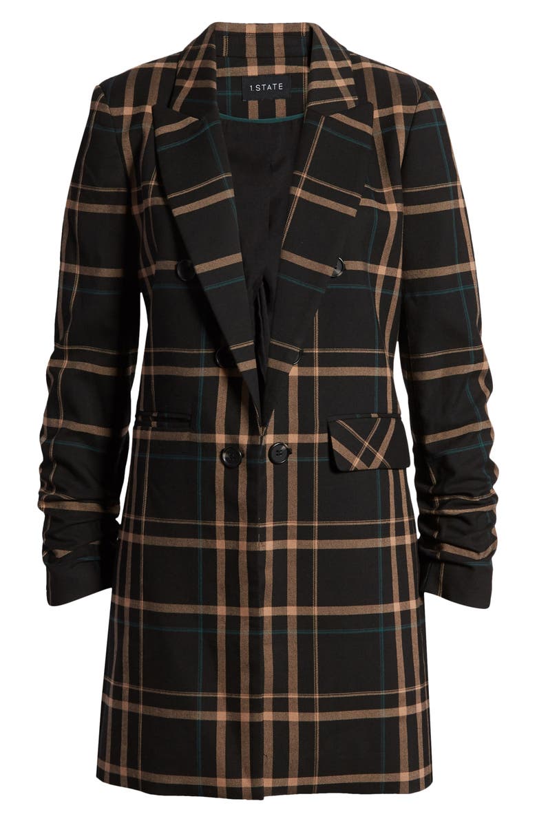 1.STATE Dynamite Plaid Ruched Sleeve Blazer, Alternate, color, Rich Black