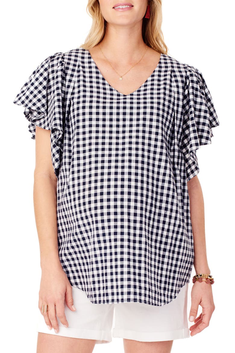 Ingrid & Isabel® Flutter Sleeve Maternity Top, Main, color, TRUE NAVY GINGHAM