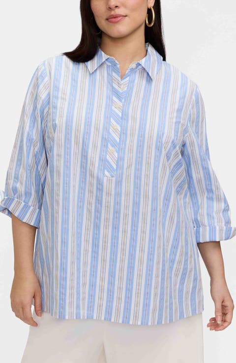 Therese Stripe Button Back Cotton Seersucker Popover Shirt (Plus)