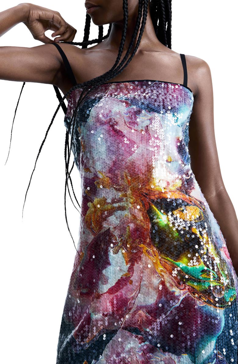 Desigual Floral Print Sequin Minidress, Alternate, color, Pink