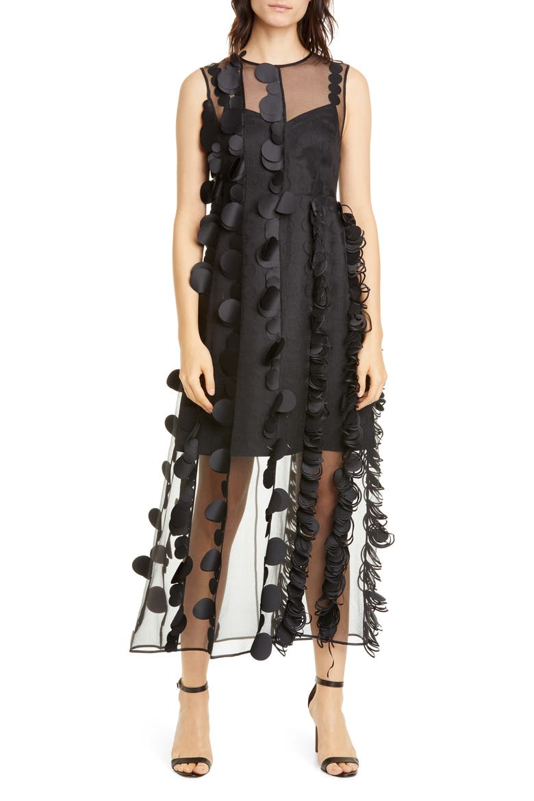 Laser Cut Dot Organza Midi Dress, Main, color, BLACK