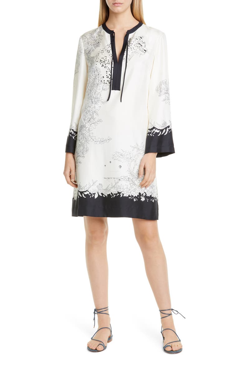 Cheetah & Floral Print Long Sleeve Silk Shift Dress, Main, color, BLACK