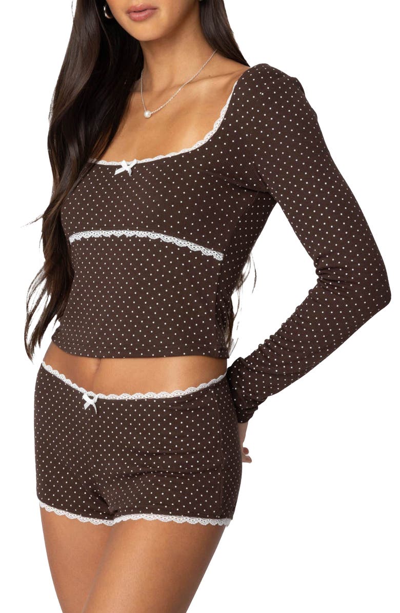 EDIKTED Juliana Polka Dot Crop Top, Alternate, color, Brown