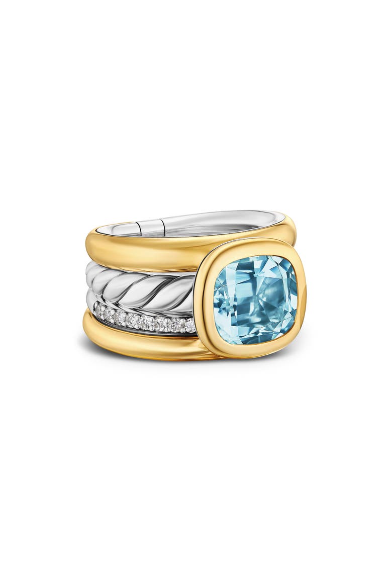 DY Mercer® Four Row Stone Ring in Sterling Silver with 18K Yellow Gold, Sky Blue Topaz & Diamonds, 14mm, Alternate, color, SKY BLUE TOPAZ