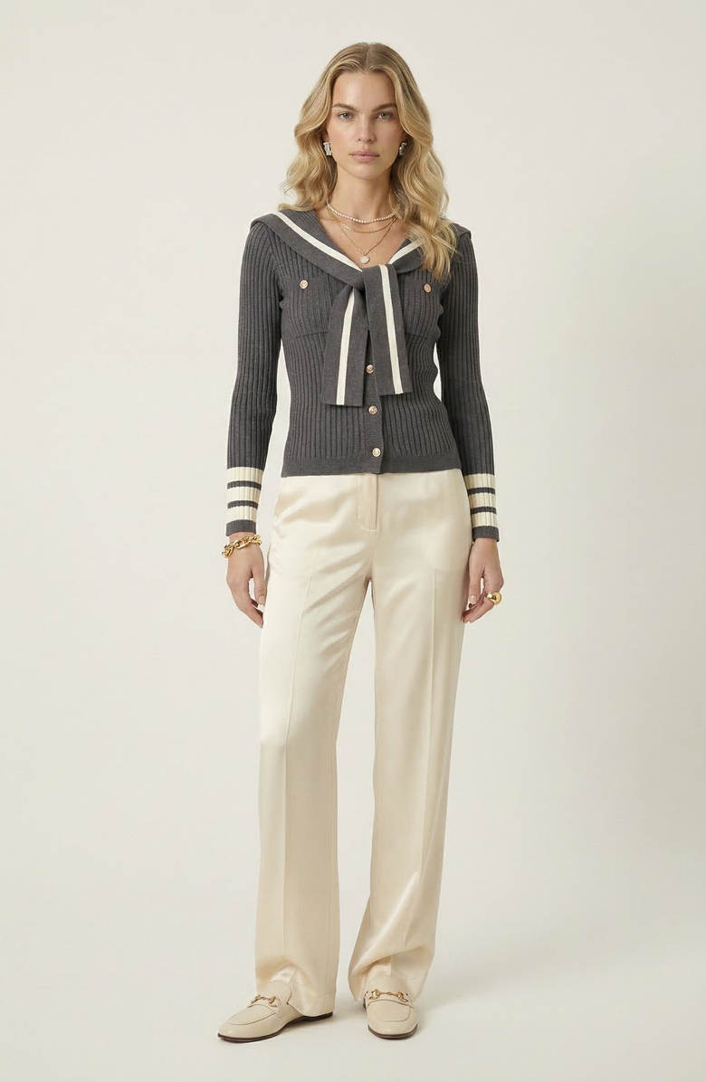 Modenaire Ribbed Knit Cardigan with Sailor Collar and Contrast Trim, Alternate, color, Charcoal Gray