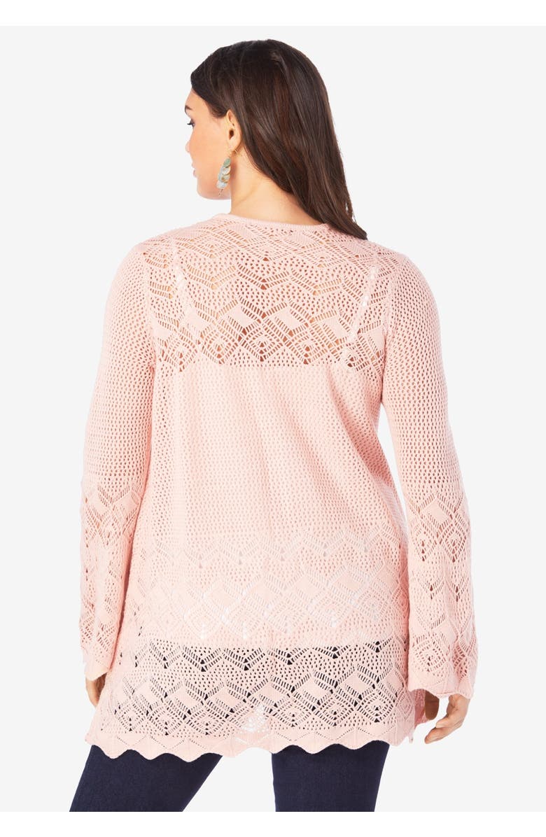 Roaman's Bell Sleeve Pointelle Cardigan, Alternate, color, Black