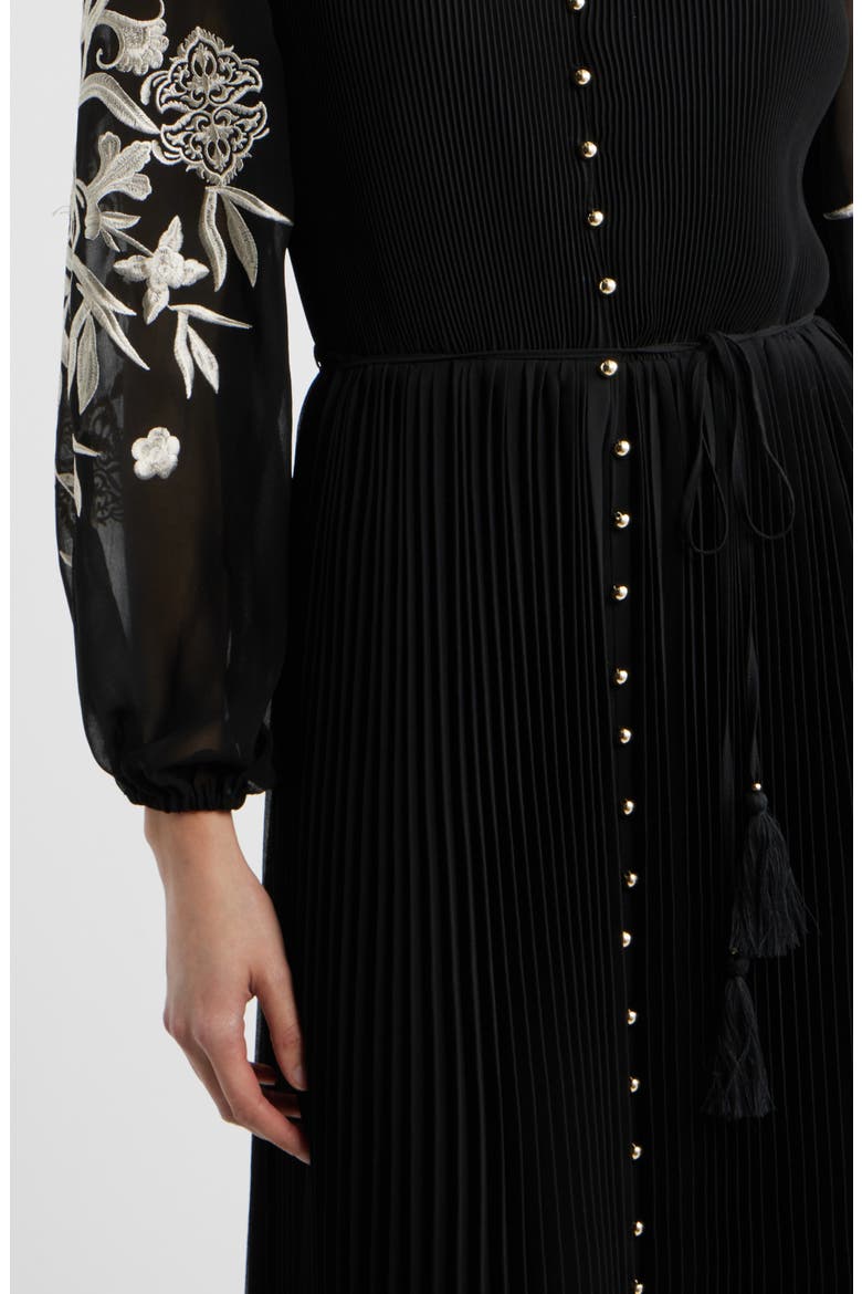 The Amanda Embroidered Long Sleeve Satin Dress, Alternate, color, NOIR