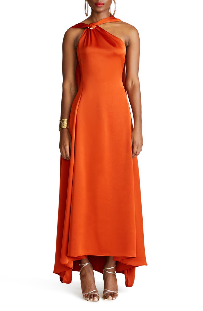 HALSTON Genevieve Satin Asymmetric Halter Gown, Main, color, 
