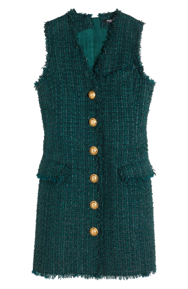 Balmain V-Neck Sleeveless Tweed Dress, Alternate, color, 