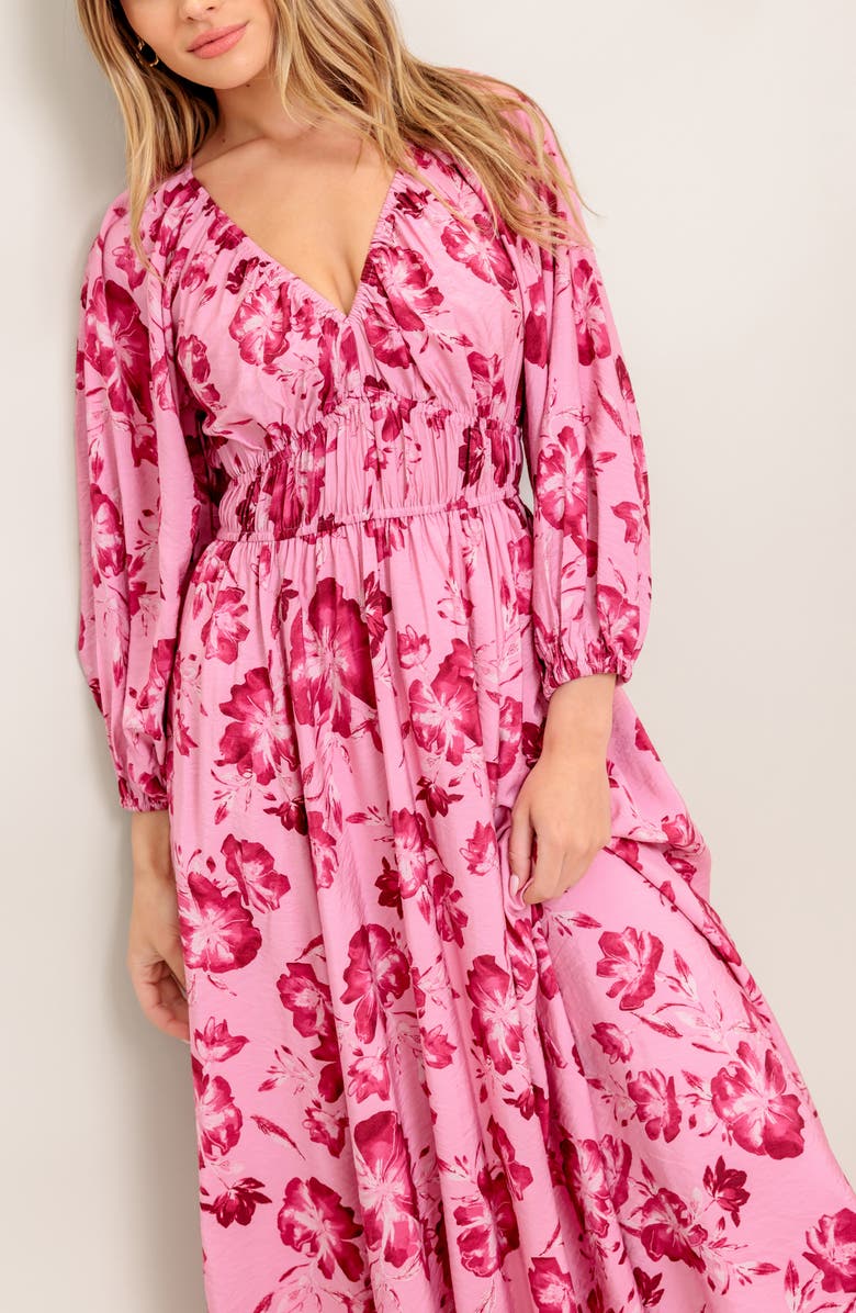 FLYING TOMATO Floral Long Sleeve Midi Dress, Alternate, color, Mauve