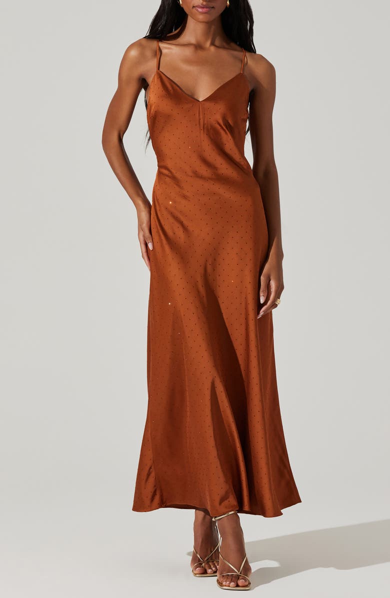ASTR the Label Bonney Rhinestone Embelished Satin Maxi Dress, Main, color, Copper
