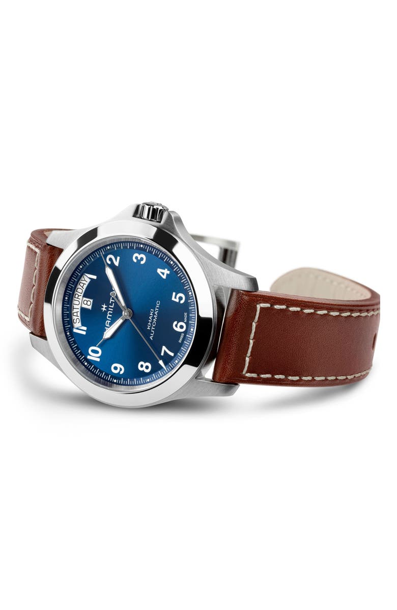 Hamilton Khaki Field Automatic Leather Strap Watch, Alternate, color, Blue
