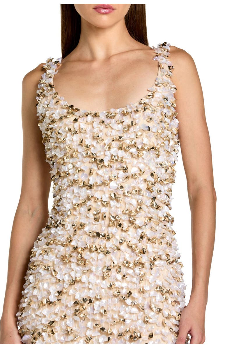 Mac Duggal Sleeveless Mesh Paillette Beaded Fitted Midi Dress, Alternate, color, Oyster