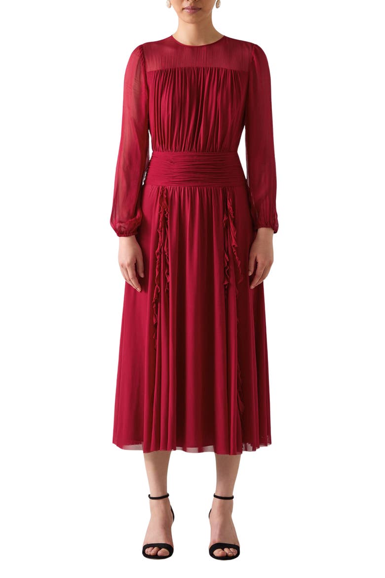 Uma Crinkle Ruffle Long Sleeve Mesh Dress, Main, color, RED