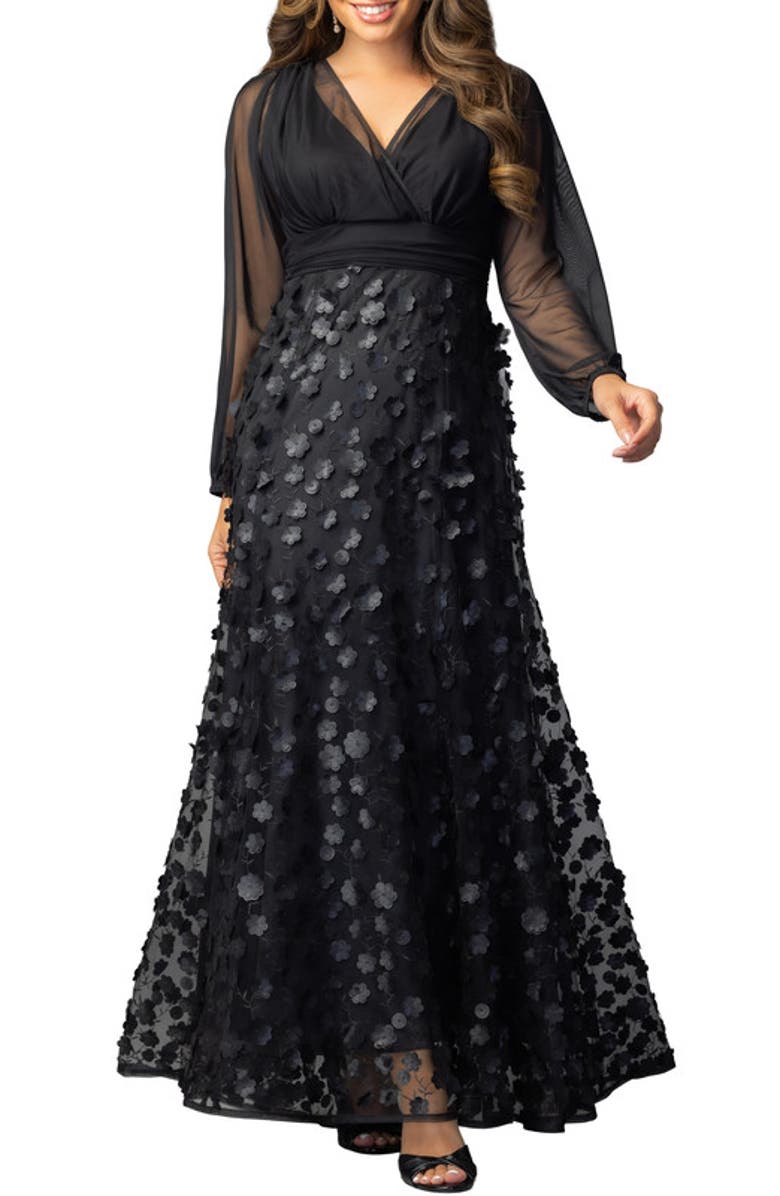Kiyonna Blossoming Beauty Mesh Evening Gown, Main, color, Onyx Blossoms