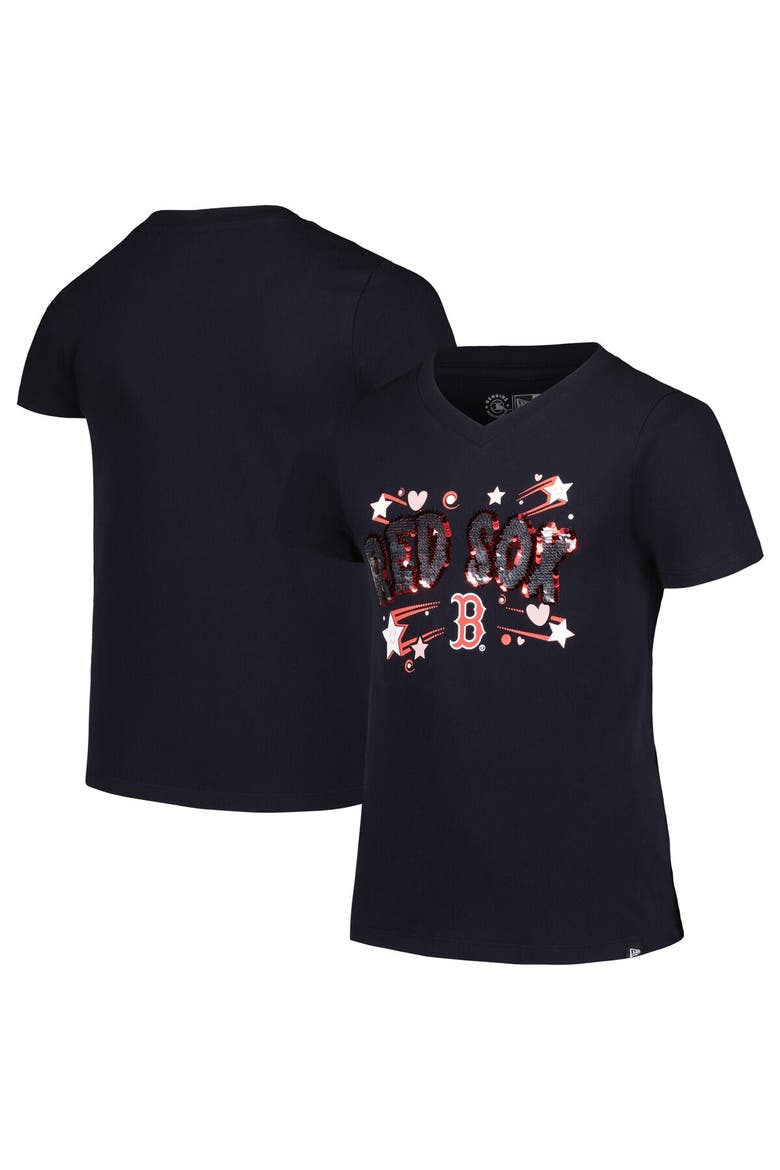 Girls Youth New Era Navy Boston Red Sox Sequin V-Neck T-Shirt, Alternate, color, Navy