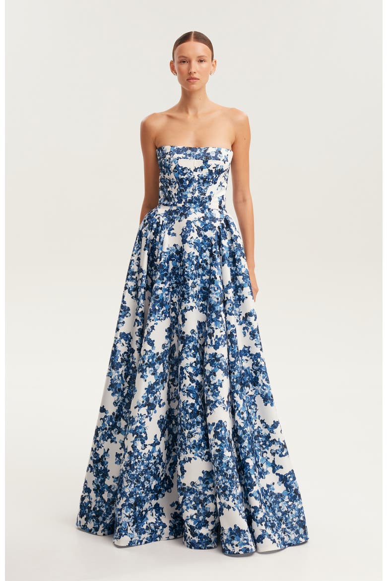 Blue Floral Strapless Maxi Evening Gown with Corset Bodice, Main, color, Blue